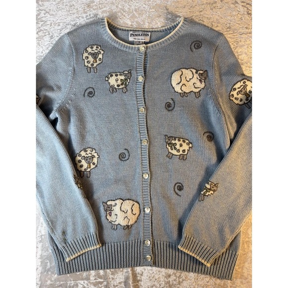 Pendleton Sweaters - Pendleton Cardigan Women's M Vintage Blue Sheep Embroidered Cotton Cottagecore
